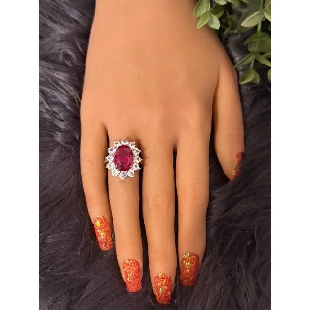 Sterling Silver Ruby/Cz Flower‎ Ring